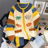 Voguable Harajuku Cartoon Knitted Cardigan Women Japanese Striped Patchwork Sweater Outerwears Korean Cute Knitwears Winter Loose Jumpers voguable