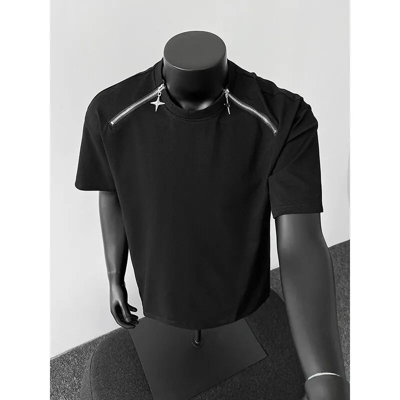 Breathable Mens Round Neck T-Shirt man Zip Detail Trendy Design New Urban Streetwear Casual Summer Tee Comfort Fit Stylish Soft voguable