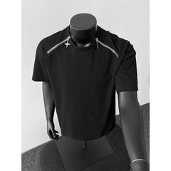 Breathable Mens Round Neck T-Shirt man Zip Detail Trendy Design New Urban Streetwear Casual Summer Tee Comfort Fit Stylish Soft voguable