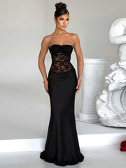 Lace See Through Strapless Sexy Maxi Dress Women Black Off-shoulder Backless Sleeveless Bodycon High Waist Long Dress voguable