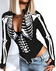 Women Top Romper V Neck Skulls Slim Casual Halloween Skeleton Print Zip Front Long Sleeve Bodysuit Sexy Bodysuits voguable