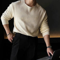 New Korean Fashion Men T-shirt Luxury Knitted Solid Color O Neck Long Sleeve Tees Casual Premium Quality Textured Knitwear M-3XL voguable