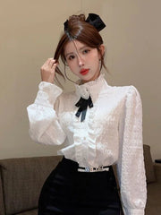 3D Floral Bow Shirt Women Elegant Long Sleeve Retro Korean White Blouse Casual Design Female Vintage Sweet Tops Spring New voguable