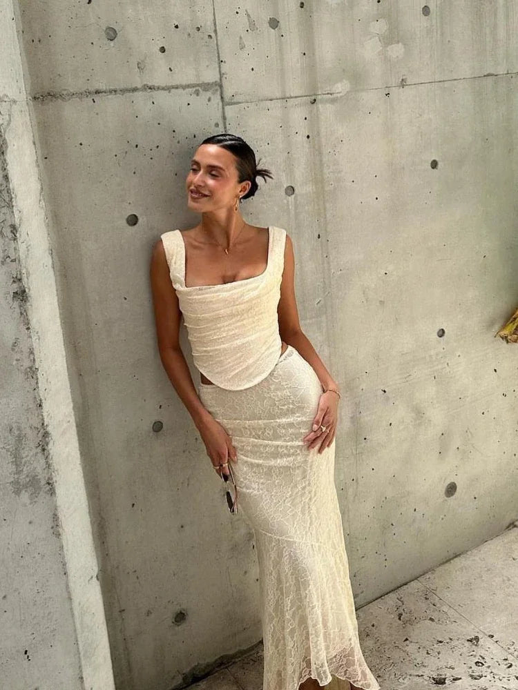 Oligai Elegant Wedding Guest Dress Women Lace Up 2 Piece Dress Set Beige Crop Top and Maxi Skirt Set Sexy Formal Event Dress voguable