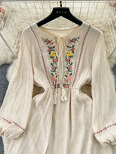 New Spring Summer Women Ethnic Style Retro Embroidered Mid Length Ruffle Edge Dress with Bubble Sleeves Bohemian Dress A38 voguable