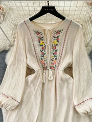 New Spring Summer Women Ethnic Style Retro Embroidered Mid Length Ruffle Edge Dress with Bubble Sleeves Bohemian Dress A38 voguable