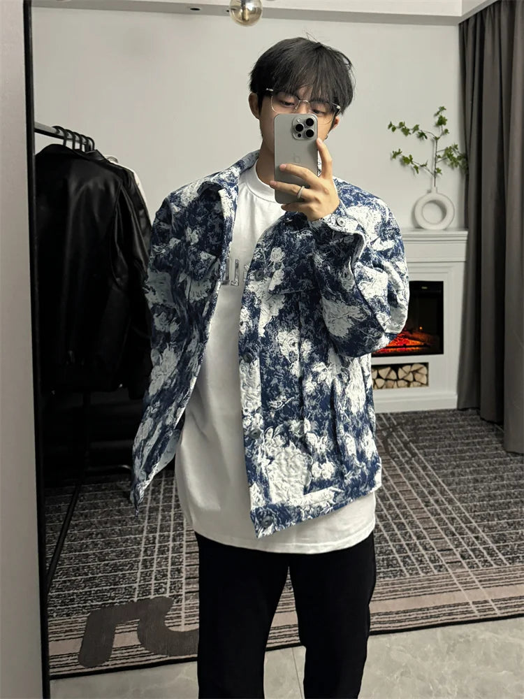 Korean Retro Vintage Jacquard Short Shoulder Pad Denim Jacket Men's American Style High-end Design Street Jacket Aesthetic Chic voguable