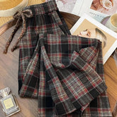 Voguable Plaid Wide Leg Pants Women Autumn Winter Thick Preppy Casual Straight Trouser Female Sweet Lace Up High Waist Loose Warm Pants voguable