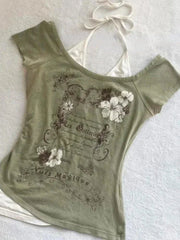 Voguable Summer Fake Two Pieces Vintage T-shirts Halter Bandage Y2k Aesthetic Slim Crop Grunge Print Tops Women Harajuku Casual Sexy Tee voguable