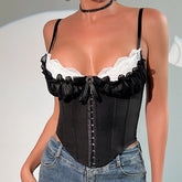 Sexy V Neck Y2K Crop Tops Lace Patchwork Pleated Bowknot Corset Top Sexy Backless Slim Camisole Body Shape Fishbone Bustier voguable