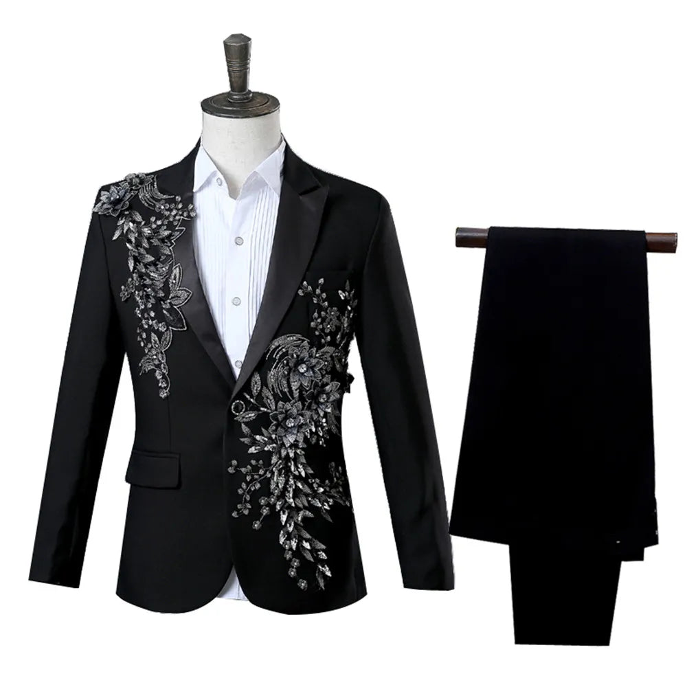 Voguable Elegant Appliqued Two-piece Men's Suit for Wedding Banquet Host Dance Prom Christmas Costume Men Blazer Chinese Style voguable