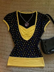 Voguable Y2K Style Vintage Kawaii Light V-Neck Short Sleeve T-Shirt Summer New Arrivals Slim Fit Harajuku Tops Trendy Casual Daily voguable