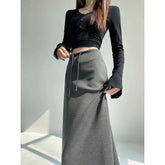 Voguable Skirt with Straight Slit High Waist New Style Elastic Slim Autumn Drawstring Casual Long Skirt voguable