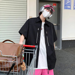 Summer Short Sleeved Shirt Men Blue Black Casual Shirt Man Streetwear Korean Loose Zipper Shirt Mens Fashion Shirts M-3XL voguable