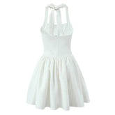 Black White Halter Mini Dress Women Low Waist A-line Pleated Hem Sexy Backless Party Dresses Summer Robe