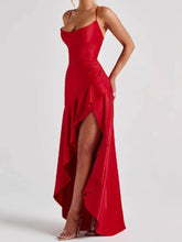 Satin Spaghetti Strap Ruffled Sexy Maxi Dress For Women Gown Red Off-shoulder Sleeveless Backless High Split Long Dress voguable