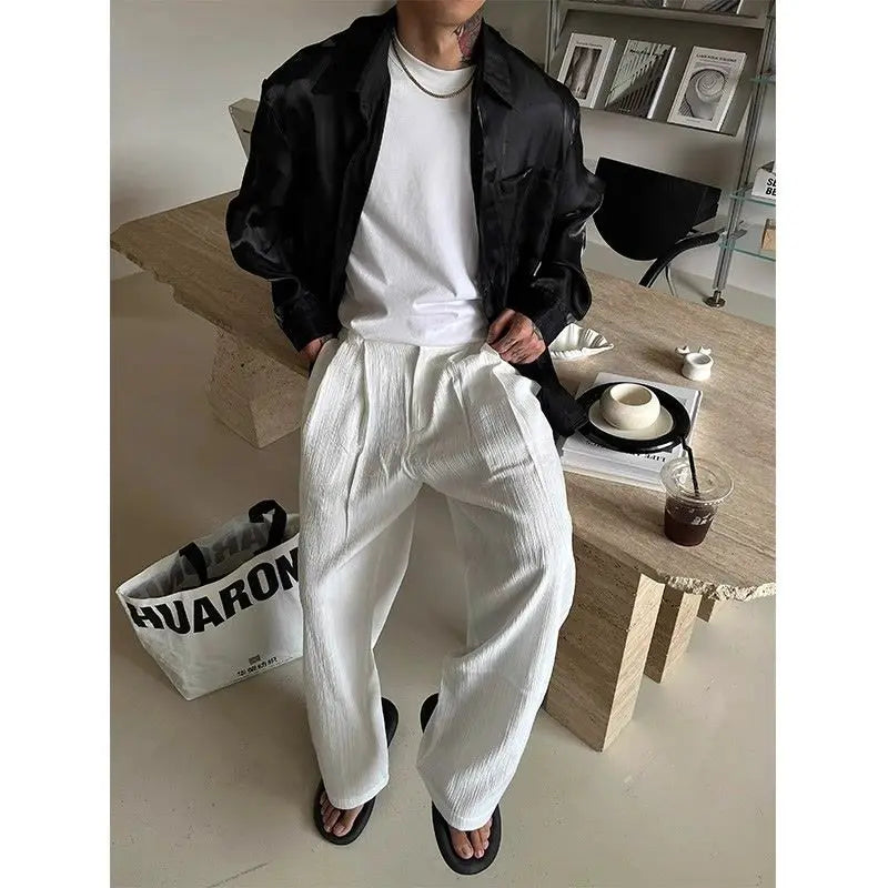 Summer Cityboy Pants Texture Soft Single Pleated Straight Casual Pants Men's Korean Retro High-end Loose Trousers Aesthetic Wear voguable