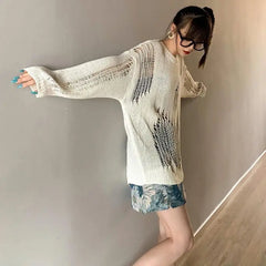 Dark Harbor Wind Hole Knitted Sweater Women Early Spring Loose Hollow-Out Thin Long-Sleeved Tops To Wear A Personalized Sweater voguable
