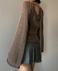 Fashion Women's T-shirt Tie Back Sweaters Long Sleeve Boat Neck Solid Color Knit Pullover Casual Tops Streetwear Y2k Summer Cami voguable