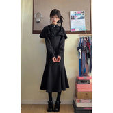 Voguable Y2K Gothic Black Midi Dress Women Japanese Lolita Bow Cape Dresses Harajuku Vintage Grunge Long Sleeve Bandage Bodycon Vestidos voguable