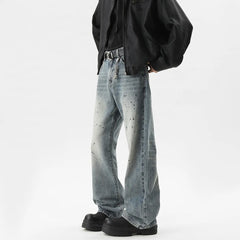 Summer Men's Denim Pants Old Blue Washed Male Jeans Straight fleck Casual Menwear Loose Wide Leg Trousers New Fashion