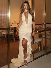 Halter Hollow Out Sexy Maxi Dress Women Gown Fashion Elegant Sleeveless Backless Bodycon Ruffle Club Party Dress New voguable