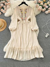 New Spring Summer Women Ethnic Style Retro Embroidered Mid Length Ruffle Edge Dress with Bubble Sleeves Bohemian Dress A38 voguable