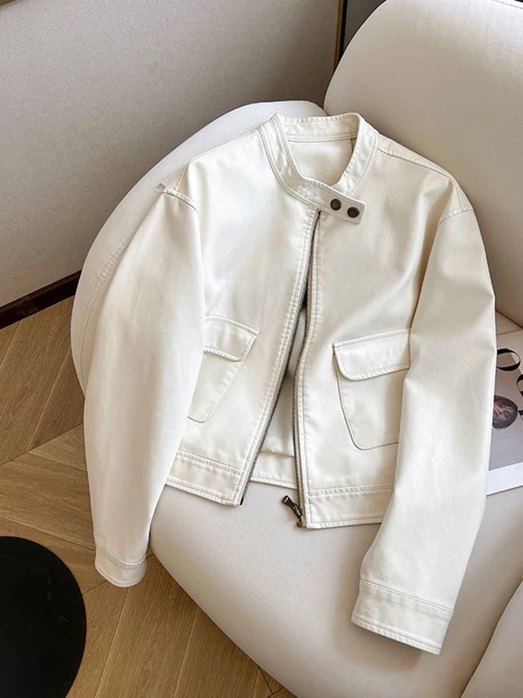 Vintage Biker Women Pu Jackets Streetwear Casual Long Sleeve Y2K Coat American Retro Pockets O Neck Fall Winter Outwear Tops New voguable