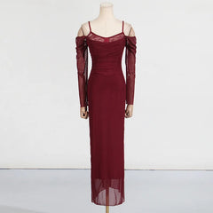 2025 New Lace Patchwork Sexy Streetwear Long Dress V-neck Tight Slit Party Dress Spring Summer Off Shoulder Fashion Vestidos voguable