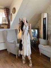 French Fashion Retro Vacation Style Camisole Dress+cardigan Two-piece Set Summer Temperament Long Dresses Female Clothing voguable