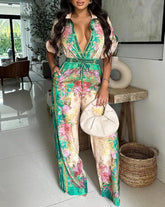 Voguable Spring/Summer New Women's Retro Printed Collar Curly Sleeve Front Button Drawstring Elastic Wide Leg Holiday jumpsuit voguable