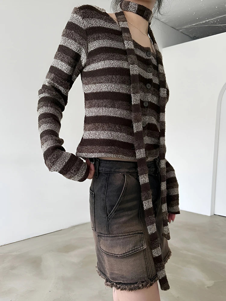 Casual Furry Striped T Shirt With Scarf Autumn Winter Y2K Slim O-Neck Long Sleeve Tees Cardigans Women Streetwear voguable