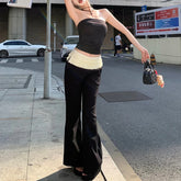 Voguable 2024 Spring New Streetwear Contrast Color Patchwork Pleated Casual Wide Leg Pants Women + Sexy Camisole Two-Piece Suit voguable