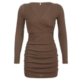 Brown V-Neck Knitted Wrap Ruched Dress mysite