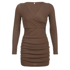 Brown V-Neck Knitted Wrap Ruched Dress mysite