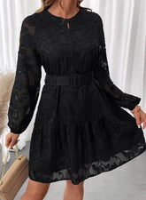 Voguable Spring/Summer New Long Sleeve Fashion Elegant Button Belt Jacquard Dress for Women voguable