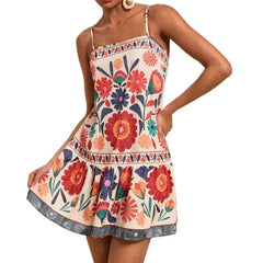 Voguable European and American - women's clothing print Bohemian elegant suspender vacation style casual loose dress voguable
