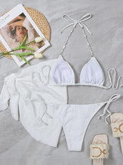 Voguable Luxury Bikini Set with Skirt 3 Pieces Solid White Blue Thong Swimsuit Women Sexy Pearl Designer Bathing Suit Cover Up Swimwear voguable