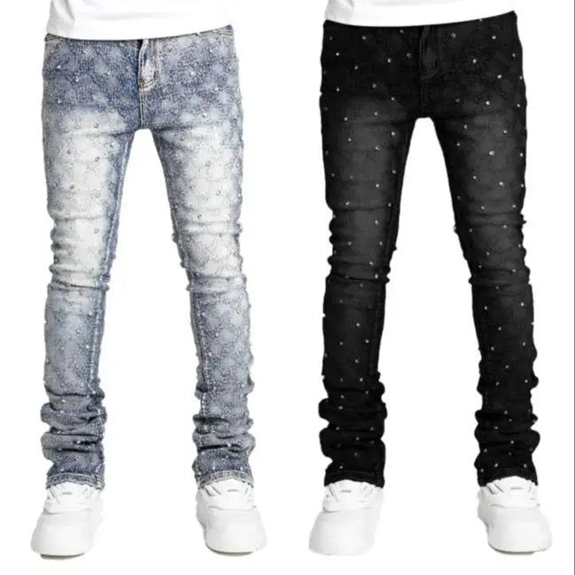 Voguable Men's denim fashion personality straight leg men's pants European and American fashion Instagram hot item elastic pearl denim la voguable