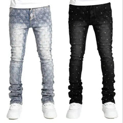 Voguable Men's denim fashion personality straight leg men's pants European and American fashion Instagram hot item elastic pearl denim la voguable
