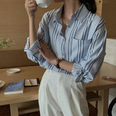Voguable Korean Striped Shirt Long Sleeve Spring Autumn New Loose Temperament Shirt Top voguable