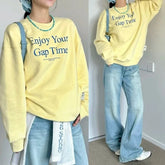 Korean Style Letter Sweatshirt Women Sweet Vintage Butter Yellow Hoodies Casual Oversize Street Long Sleeve Pullover voguable