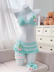 Voguable Japanese Style Kawaii Girls Swimsuit Sweet Printed Halter Bikini Swimsuit Women Ruffle Bikini Set Bather Bathing Suit Swim voguable