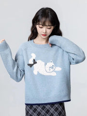 Cartoon Cat Print Kawaii Sweaters Women Sweet Bow Long Sleeve Cute Knitted Jumper Vintage Japan O Neck Casual Loose Pullovers voguable