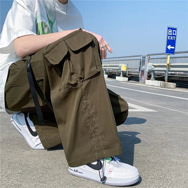 Voguable Japanese Overalls Men Functional Multi-pocket Pants Korean Urban Streetwear Trend High-end Elastic Waist Lace Casual Trousers voguable