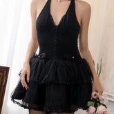 French Style Retro Spicy Girl Halter Mini Black Dress Women Fashion Backless Lace Spliced Bow Sexy Dresses Summer Robe voguable