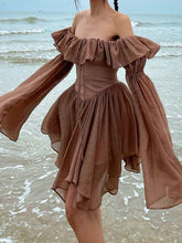 Brown Pleated Off Shoulder Ruffles Patchwork Sundress mysite