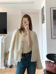 Temperament White Sweater Coat Women's Early Spring Autumn New Knitted O-Neck Cardigan Single Breasted Style Top voguable