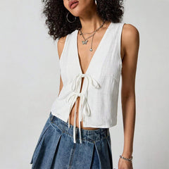 Blouses Spring Summer Fitting Slim Casual Lace-Up Sleeveless V-Neck Daily Blouses For Women voguable