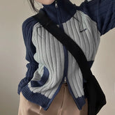 Voguable American Retro Streetwear Double Zipper Contrast Patchwork Sweater Cardigan Autumn Korean Style Preppy Knitted Jackets voguable
